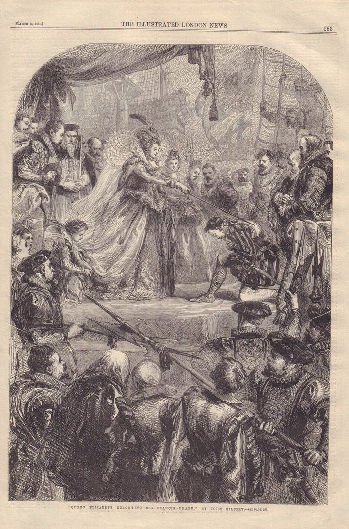 “Queen Elizabeth Knighting Sir Francis Drake”- by J. Gilbert
