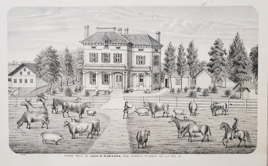 Antique Print of the Farm Residences of Robinson & Evans, 1873