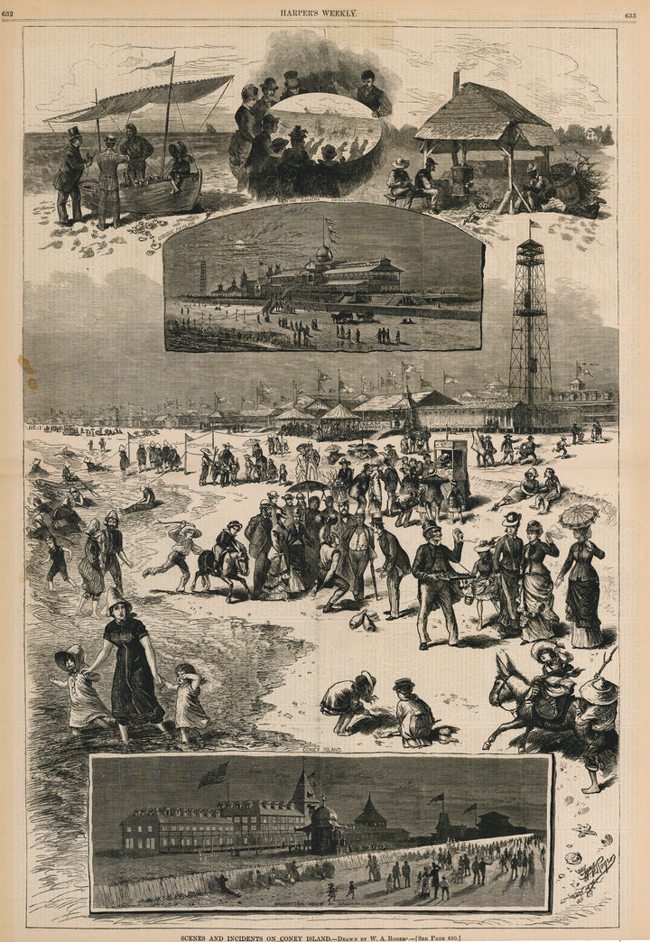 Antique Lithograph Print: Scenes and Incidents on Coney Island, 1878