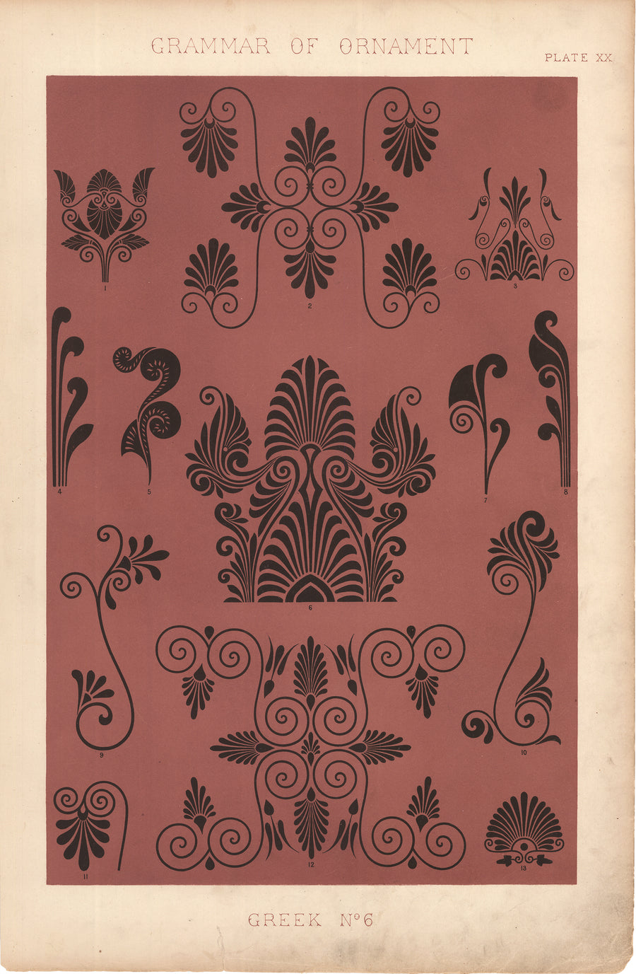 Antique Lithograph Print: Grammar of Ornament by Owen Jones, 1st edition 1856 - Greek No.6, Plate XX