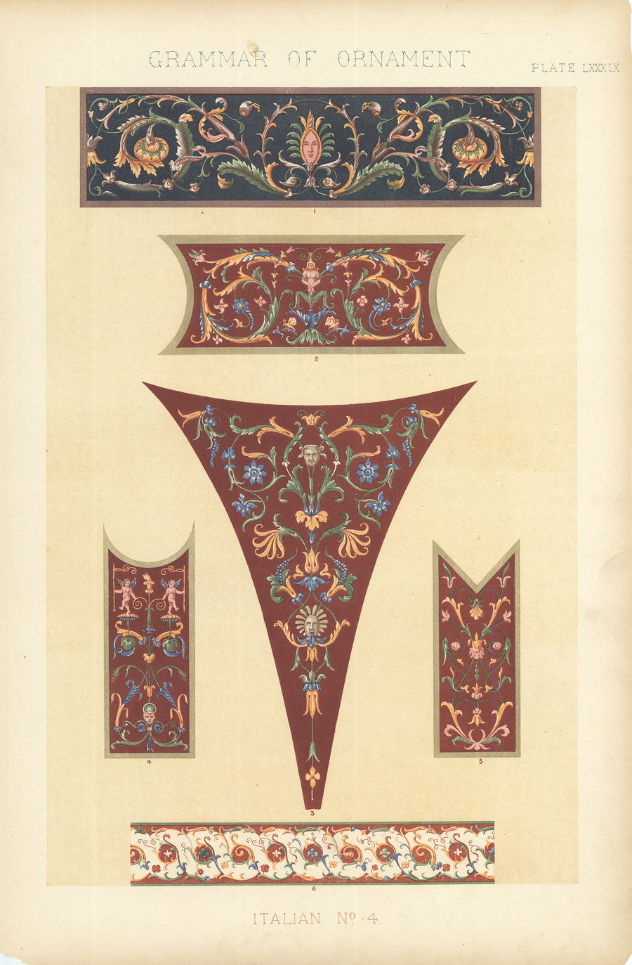 Antique Lithograph Print: Grammar of Ornament by Owen Jones, 1st edition 1856 - Italian No.4, Plate LXXXIX