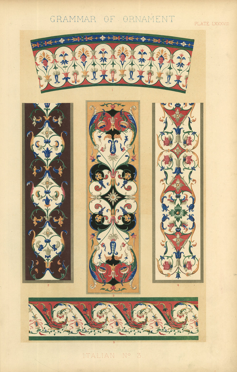  Antique Lithograph Print: Grammar of Ornament by Owen Jones, 1st edition 1856 - Italian No.3, Plate LXXXVIII