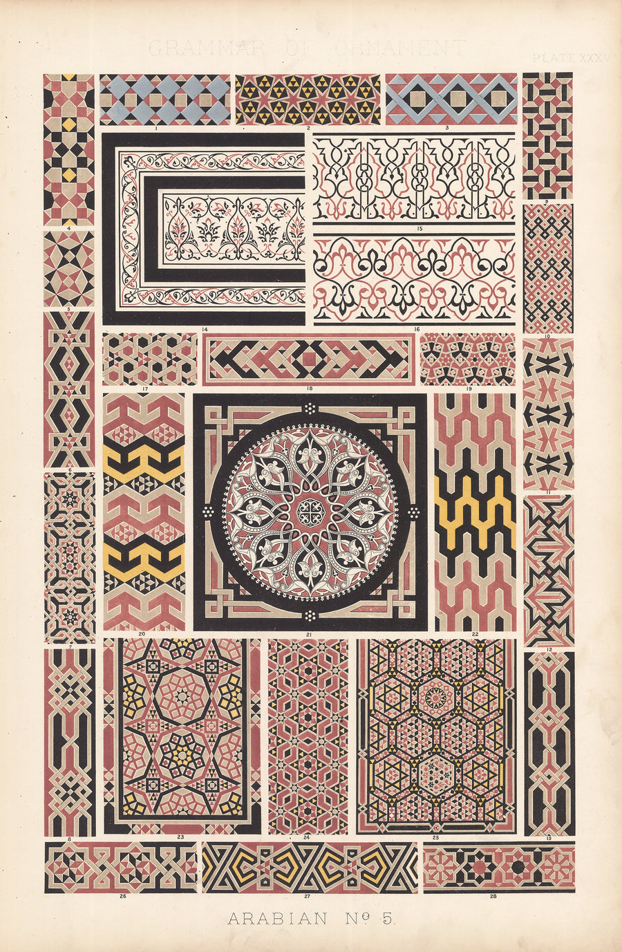 Antique Lithograph Print: Grammar of Ornament by Owen Jones, 1st edition 1856 - Arabian No.5, Plate XXXV
