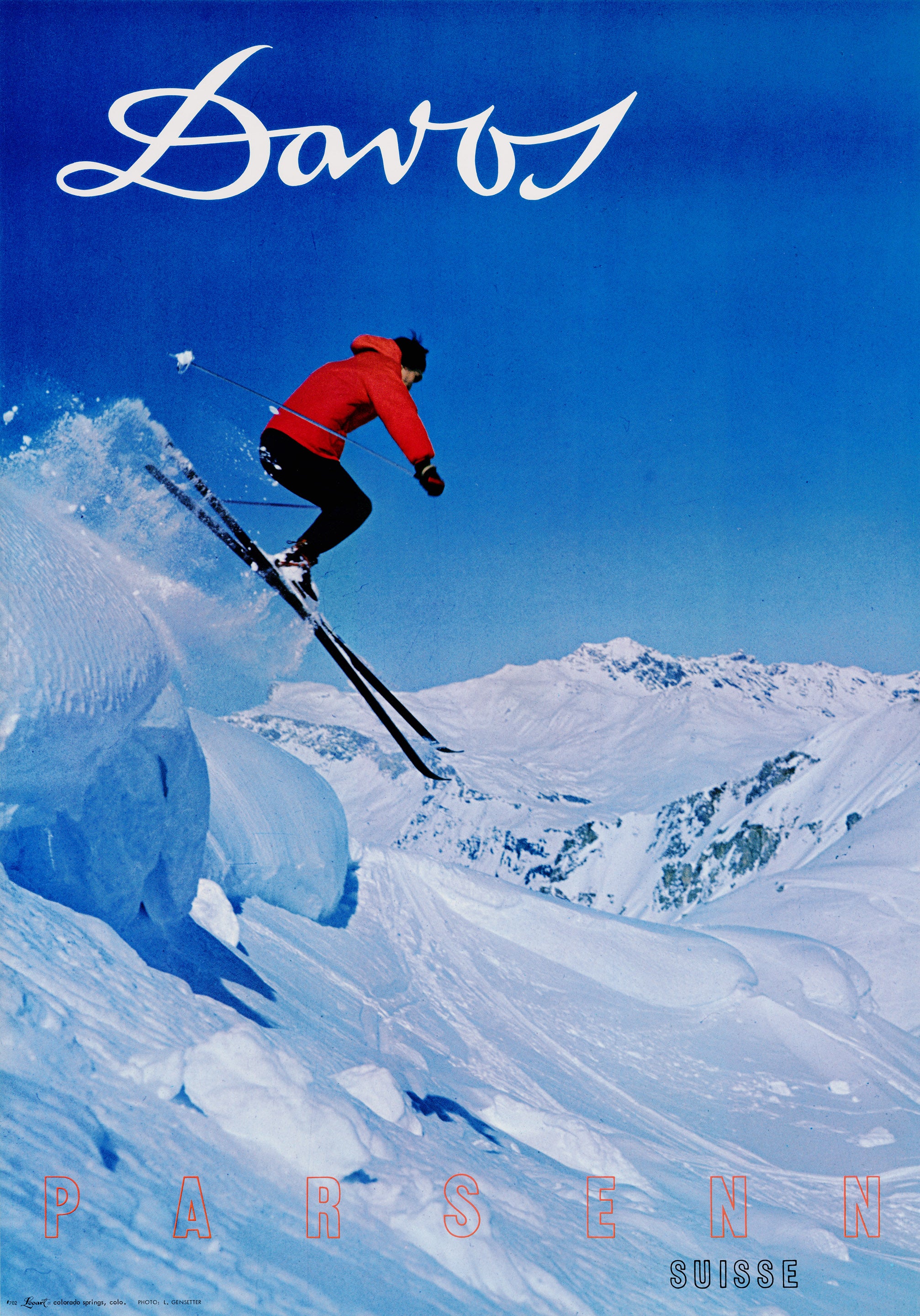 70年代 ビンテージ SKIPOLES＆SKI スキー デザイン ポスター Vintage Ski Travel Poster: Davos - Parsenn by Looart Press, 1968