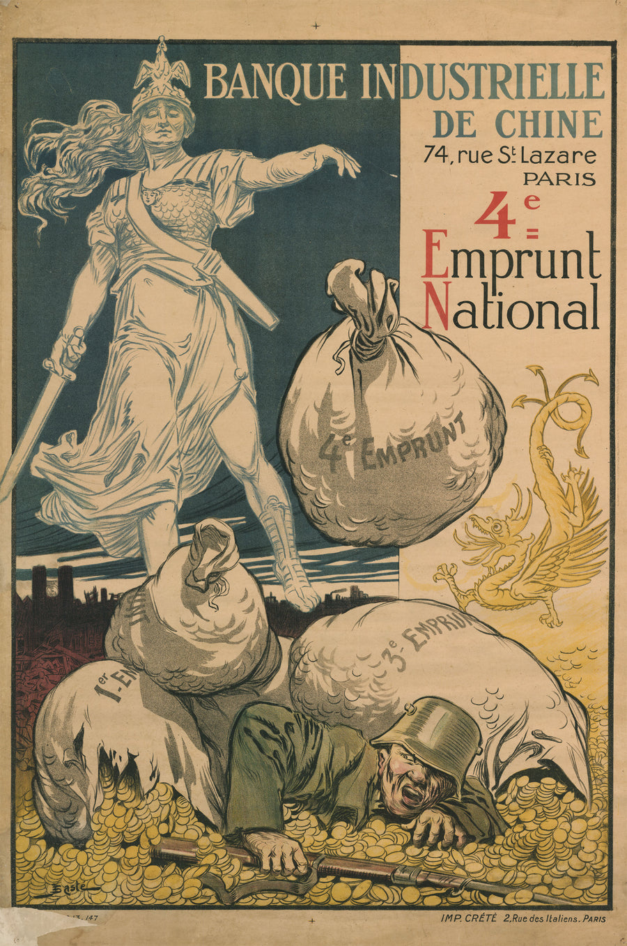 WWI Poster: Banque Industrielle de Chine 4e Emprunt National by: Basté 1914-1918
