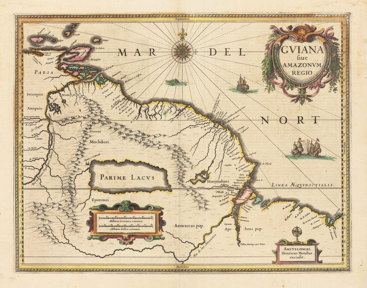 Authentic Antique Map: Guiana fiue Amazonum Regio By: Henricus Hondius Date: 1638 (circa) Amsterdam 