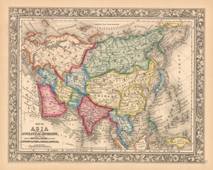 This is an authentic, antique lithograph map of Asia, showing its Political Divisions (and also the various routes of travel between London & India, China & Japan) by Samuel Augustus Mitchell Jr. 