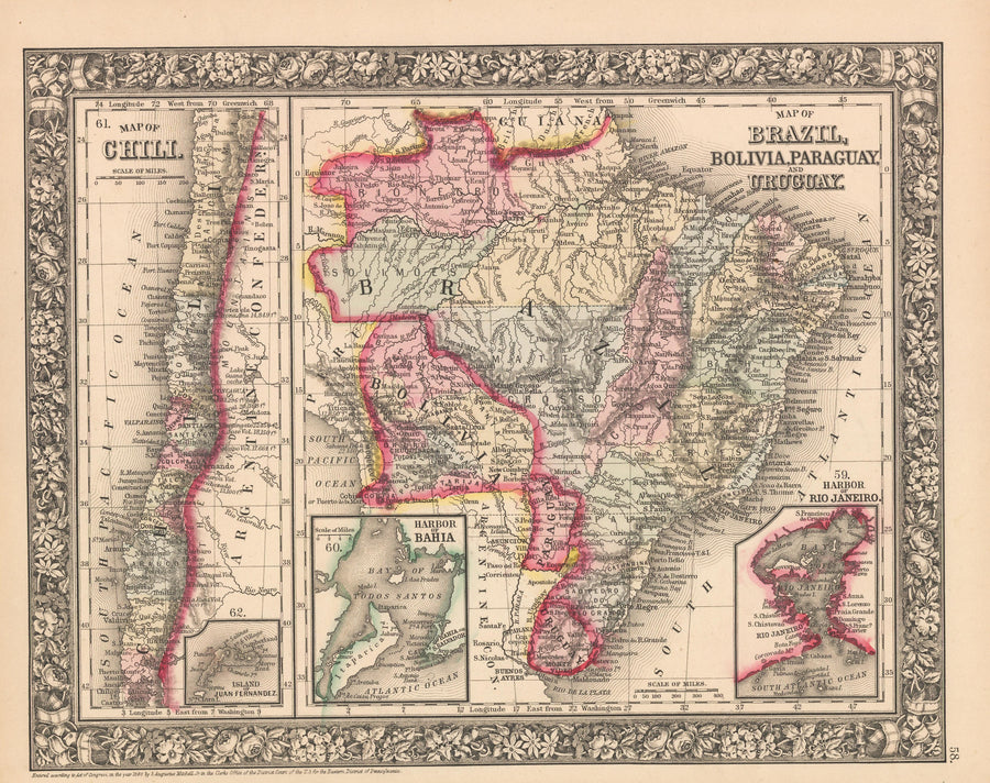 This is an authentic, antique lithograph map of Chili, Map of Brazil, Bolivia, Paraguay and Uruguay. by Samuel Augustus Mitchell Jr. 