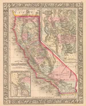 This is an authentic, antique lithograph map of State of California by Samuel Augustus Mitchell Jr.