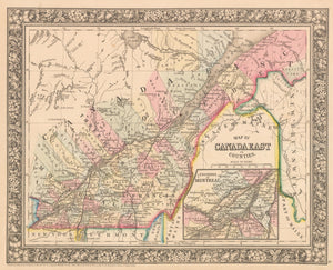 This is an authentic, antique lithograph map of Eastern Canada, divided into counties. by Samuel Augustus Mitchell Jr.