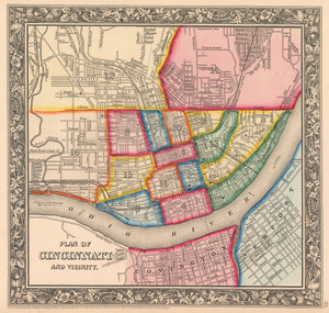 This is an authentic, antique lithograph map of the plan of the city of Cincinnati (and it’s vicinity) by Samuel Augustus Mitchell Jr. 