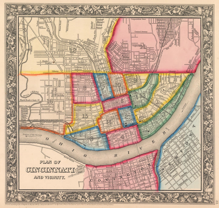 This is an authentic, antique lithograph map of the plan of the city of Cincinnati (and it’s vicinity) by Samuel Augustus Mitchell Jr. 