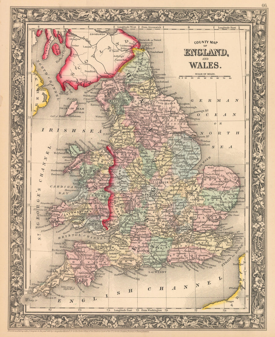 This is an authentic, antique lithograph map of England and Wales by Samuel Augustus Mitchell Jr. 