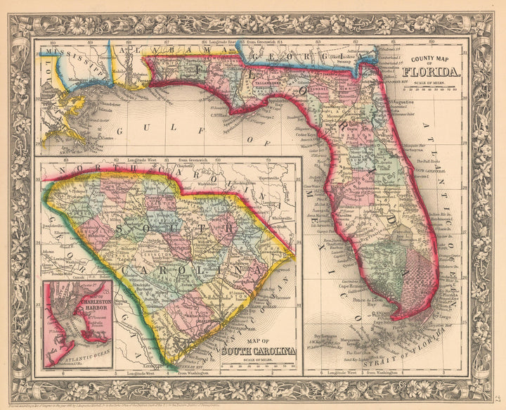 This is an authentic, antique lithograph map of Florida and South Carolina. by Samuel Augustus Mitchell Jr. 
