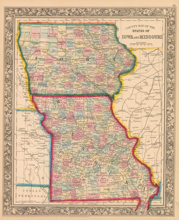 This is an authentic, antique lithograph map of the states of Iowa and Missouri by Samuel Augustus Mitchell Jr. 