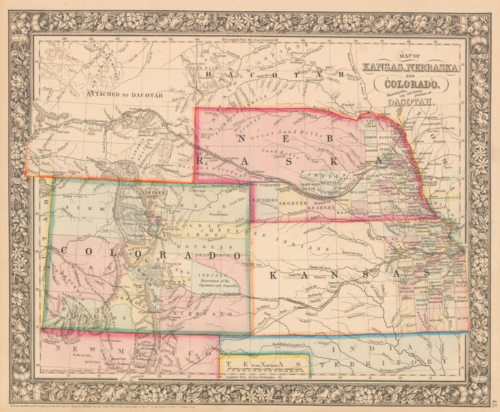 This is an authentic, antique lithograph map of Kansas, Nebraska and Colorado. by Samuel Augustus Mitchell Jr. 