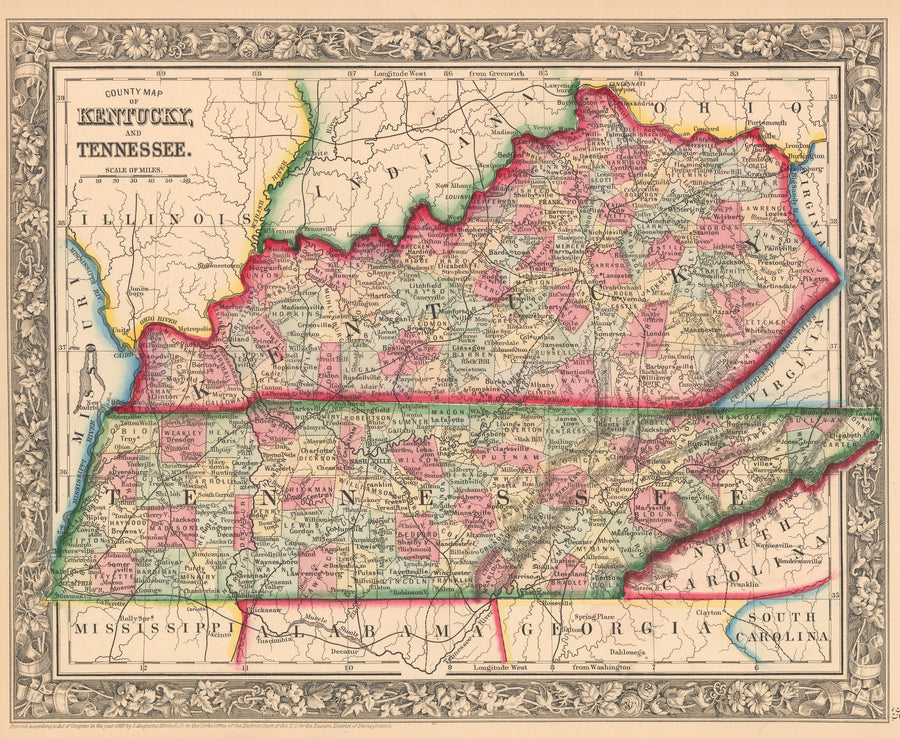 This is an authentic, antique lithograph map of both Kentucky ands Tennessee by Samuel Augustus Mitchell Jr. 
