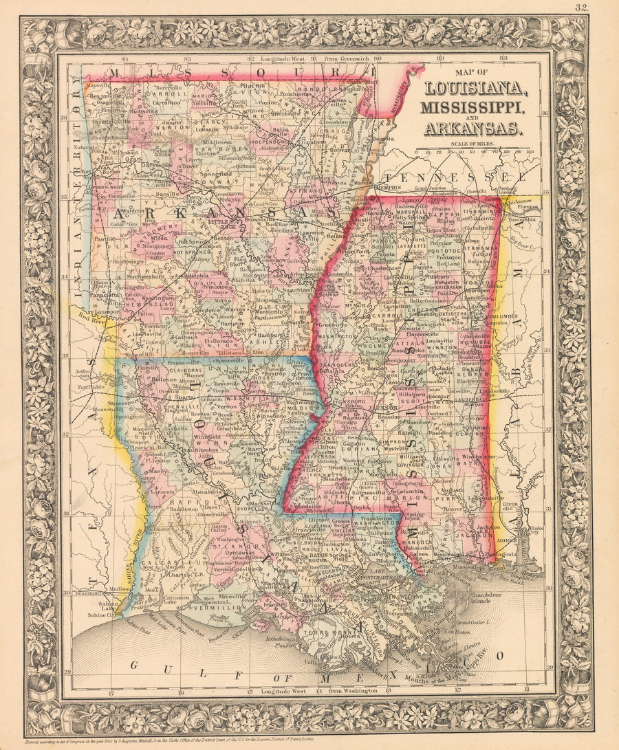  This is an authentic, antique lithograph map of Louisiana, Mississippi and Arkansas by Samuel Augustus Mitchell Jr. 