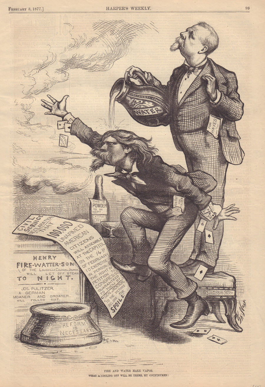 Harper's Weekly Political Cartoon: Fire & Water Make Vapor. by: Thomas Nast, 1877