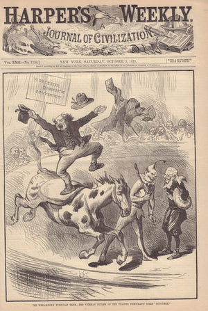 Antique Print | Political Cartoon : "The Well-Known Turncoat Trick-the Veteran Butler on the trained Democratic Steed "Buncombe." Harper's Weekly