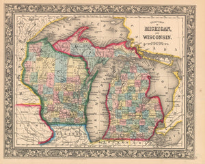 This is an authentic, antique lithograph map of the states of Michigan and Wisconsin by Samuel Augustus Mitchell Jr. 