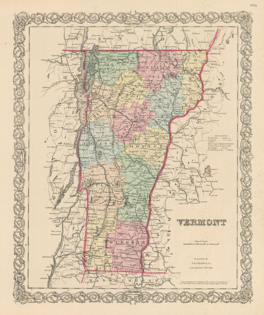 Antique Map of Vermont by Joseph H. Colton, 1856