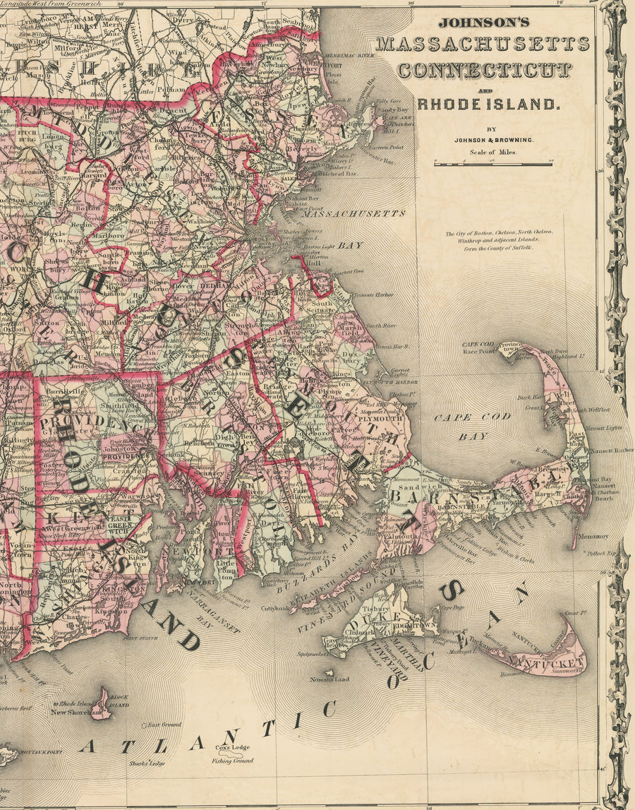 Antique Map: Johnson's Massachusetts Connecticut and Road Island, 1861