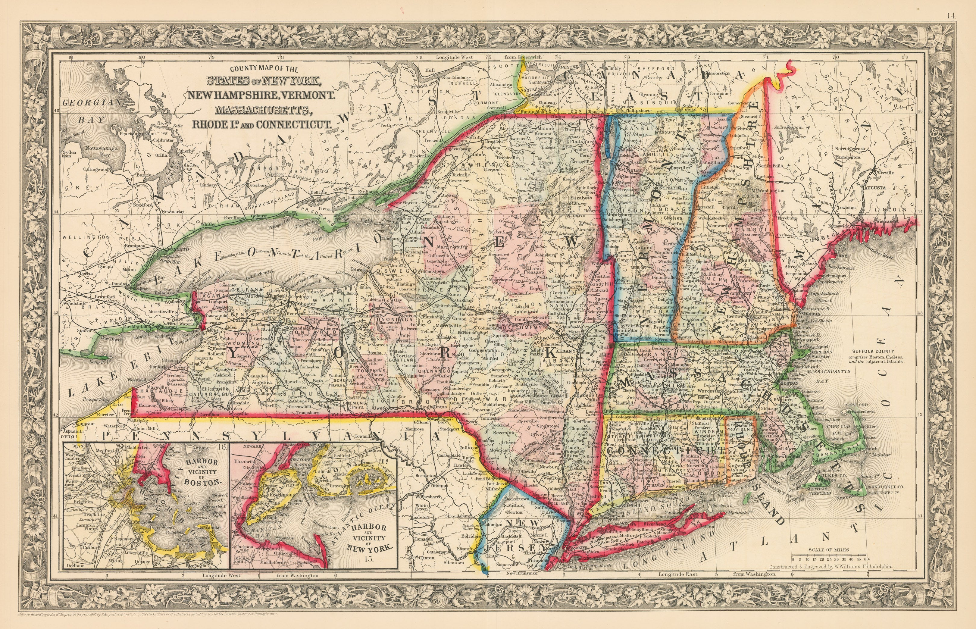Antique Map of NY, NH, VT, MA, RI, and CT by S. Augustus Mitchell  display picture 1