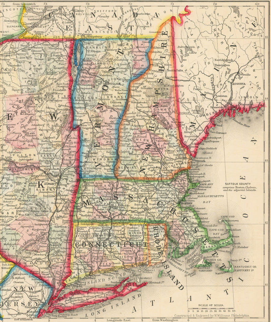 County Map of the States of New York, New Hampshire, Vermont, Massachusetts, Rhode Island, and Connecticut By: Samuel Augustus Mitchell Jr. Date: 1856