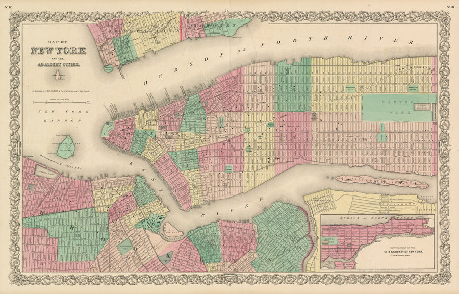 Antique Map of New York and the Adjacent Cities by: Colton, 1856 