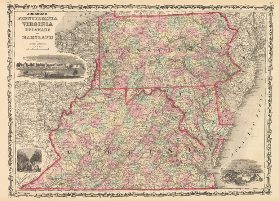 Antique Map of Pennsylvania Virginia Delaware and Maryland by: Johnson and Browning, 1861
