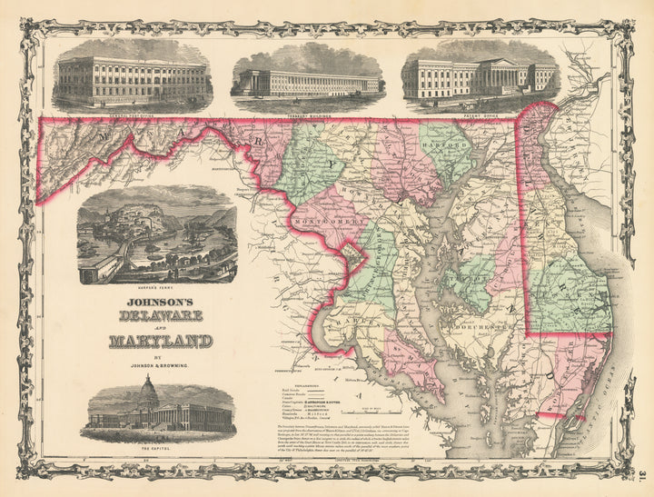 Antique Map: Johnson's Delaware and Maryland by: Johnson & Browning, 1861