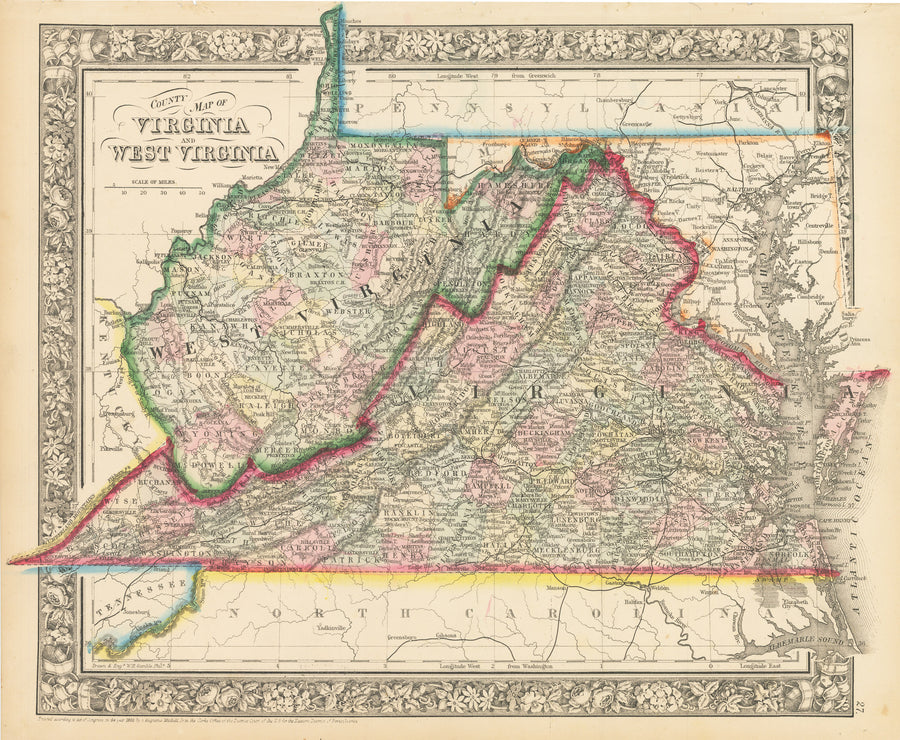 County Map of Virginia and West Virginia, by: Mitchell, 1863