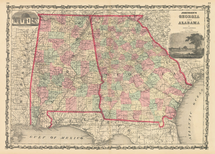 Antique Map: Johnson's Georgia and Alabama , 1861