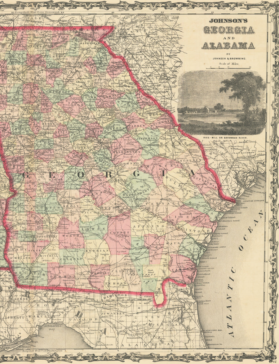 Antique Map: Johnson's Georgia and Alabama by: Johnson & Browning, 1861