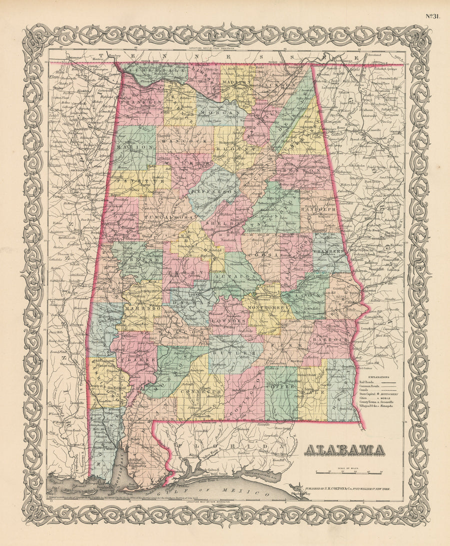 Antique Map of Alabama by: Joseph H. Colton, 1856