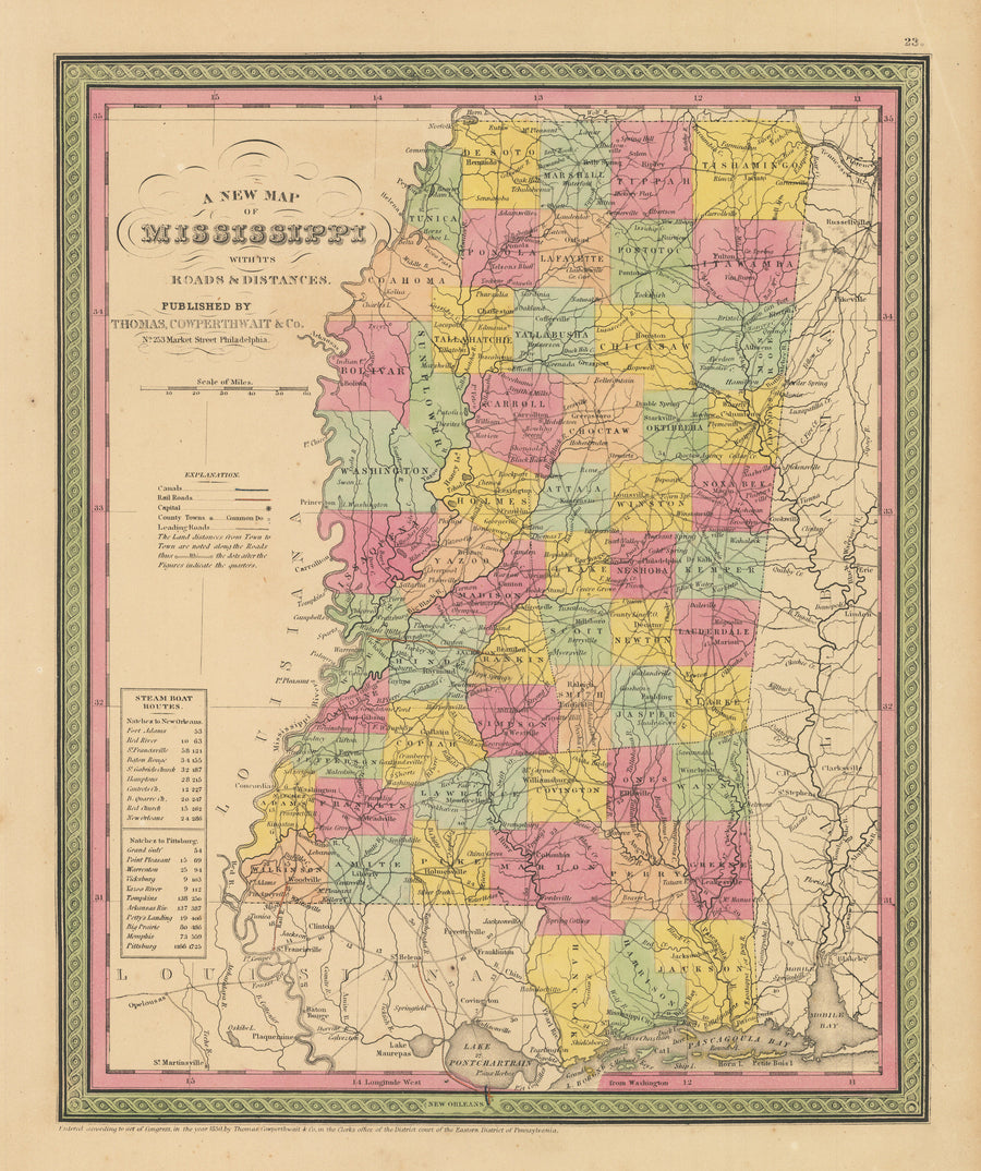 Antique Map of Mississippi by: Thomas Cowperthwait & Co. 1852