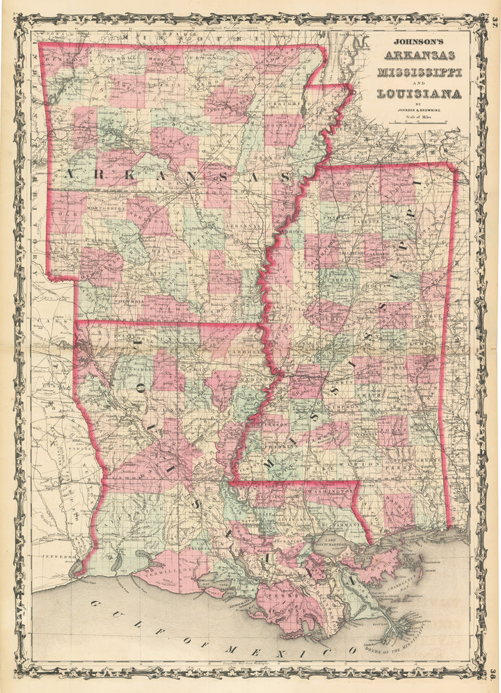Antique Map: Johnson's Arkansas Mississippi and Louisiana, 1861
