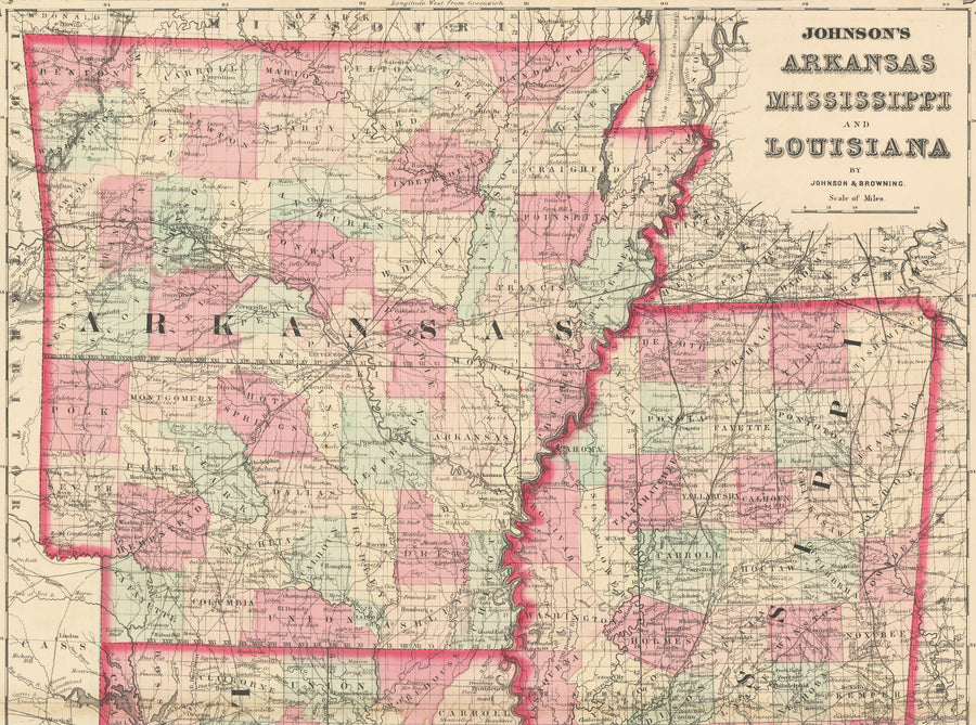 Antique Map: Johnson's Arkansas Mississippi and Louisiana, 1861