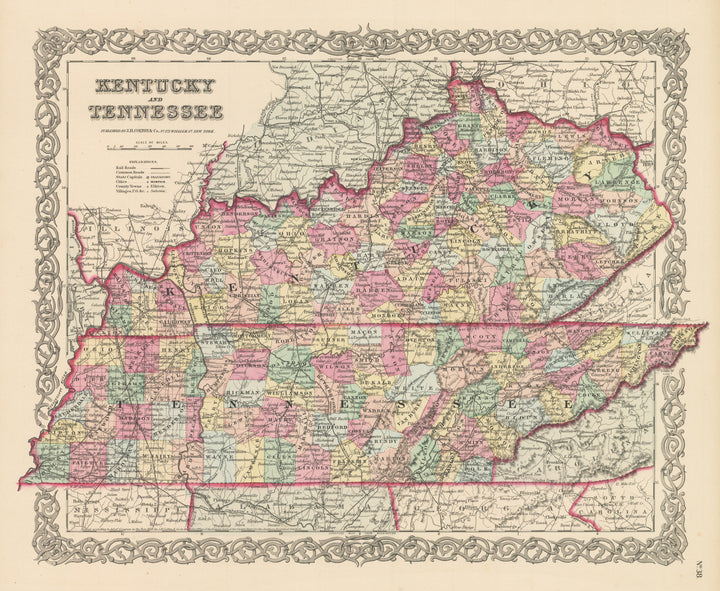 Antique Map of Kentucky and Tennessee by Joseph H. Colton, 1856