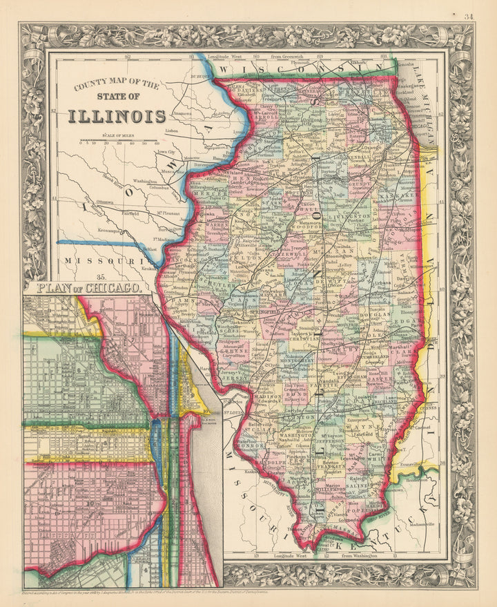 Antique Map: County Map of the State of Illinois, by: Mitchell, 1860
