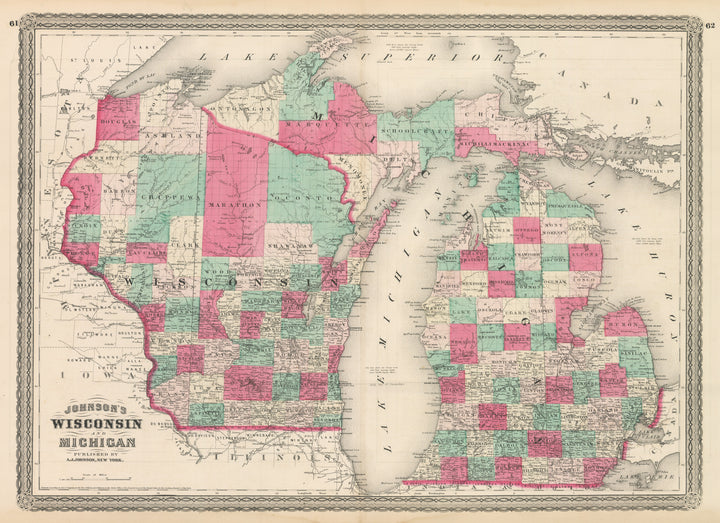 Antique Map: Johnson's Wisconsin and Michigan, 1866