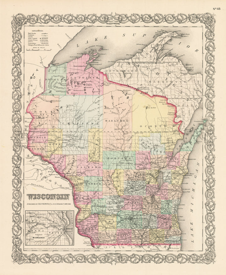 Antique Map of Wisconsin by: Joseph H. Colton, 1856