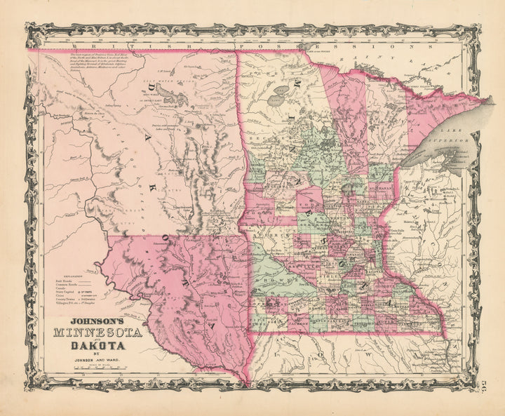 Antique Map: Johnson's Minnesota and Dakota, 1862