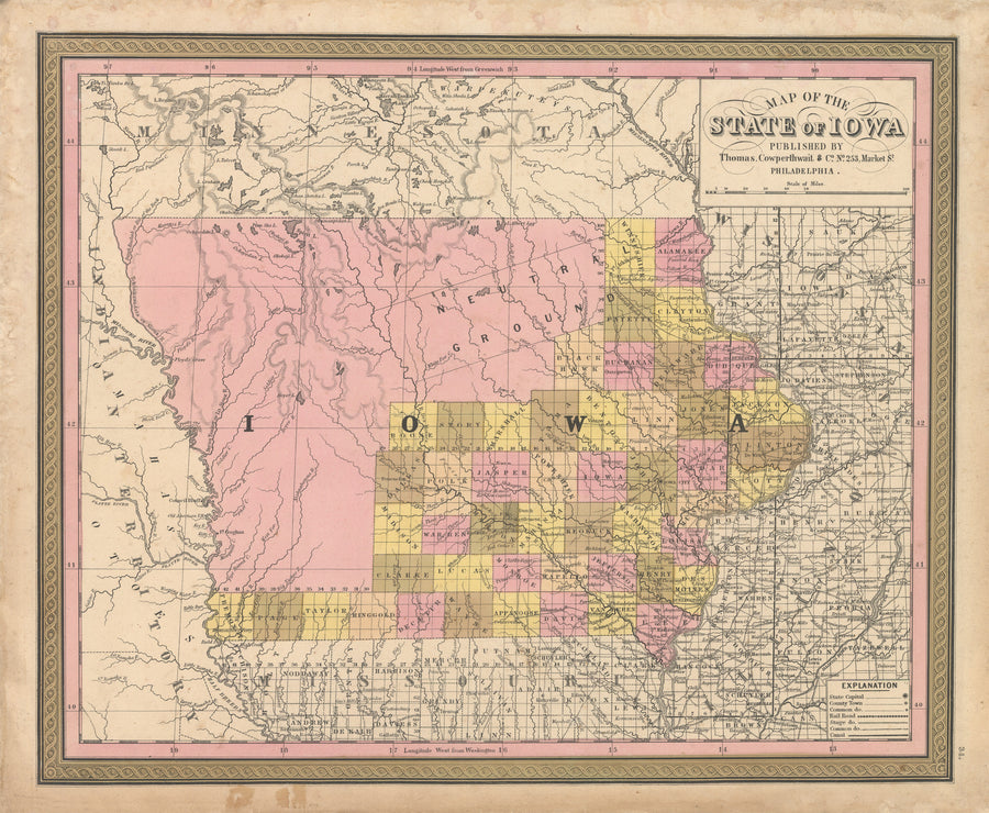 Antique Map of the State of Iowa by: T. Cowperthwait, 1850