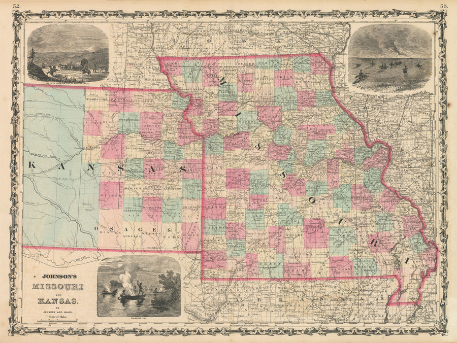 Antique Map: Johnson's Missouri and Kansas, 1862