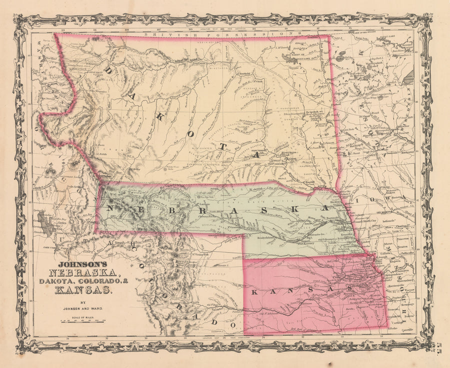 Antique Map: Johnson's Nebraska, Dakota, Colorado, & Kansas, 1862