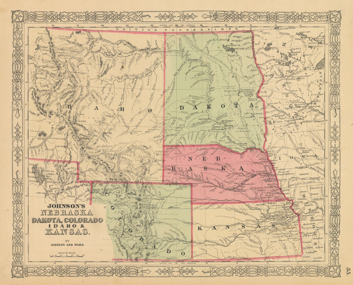Antique Map: Johnson's Nebraska, Dakota, Colorado, & Kansas, 1863