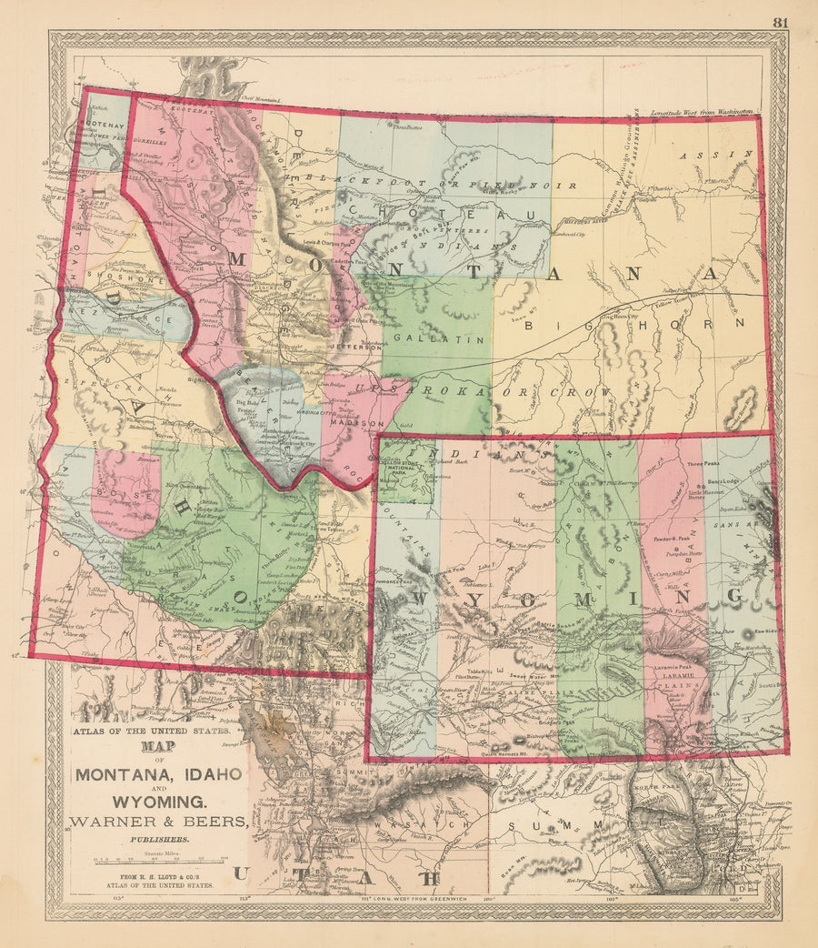 Antique Map of Montana, Idaho, and Wyoming by Warner & Beers, 1872 