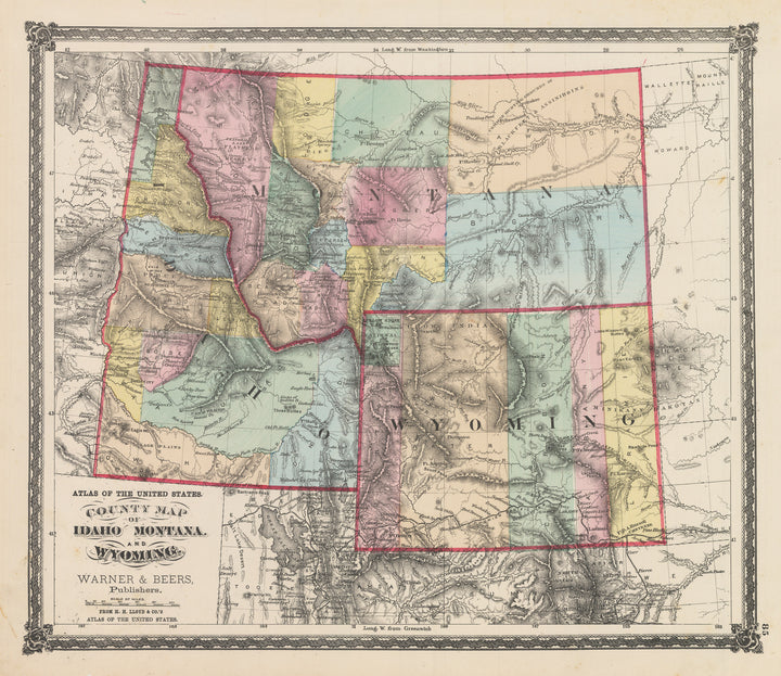 Antique Map of Idaho, Montana and Wyoming by Warner & Beers, 1875 